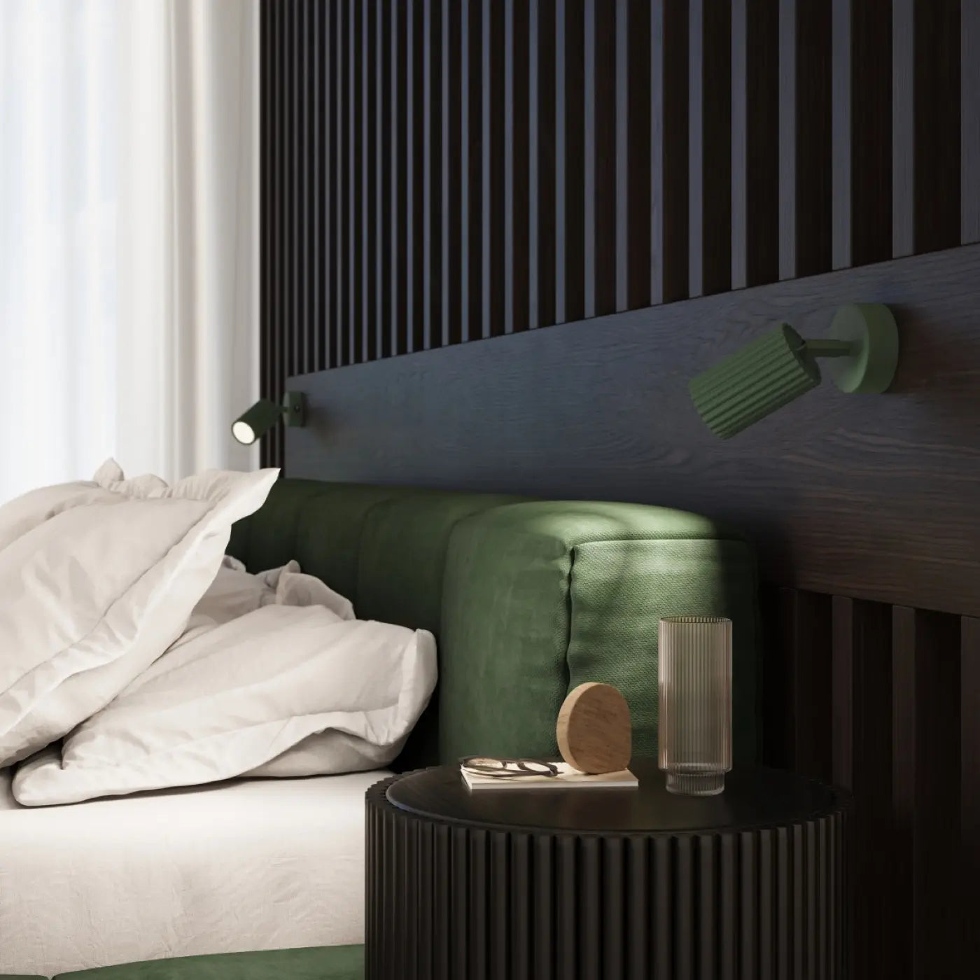 Wandleuchte Japandi – Olive Grün & Aluminium