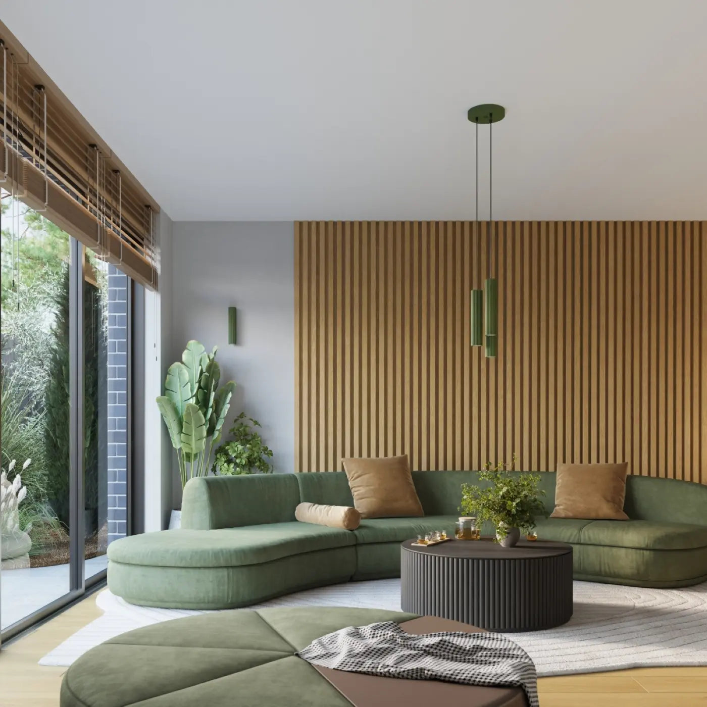 Pendelleuchte Japandi 3P – Olive Grün & Aluminium