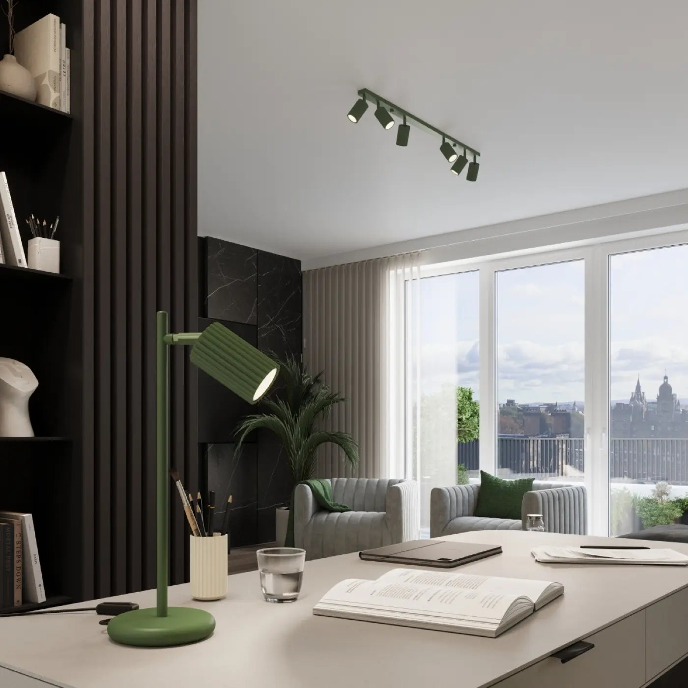 Deckenleuchte Japandi 4 – Olivgrün & Aluminium