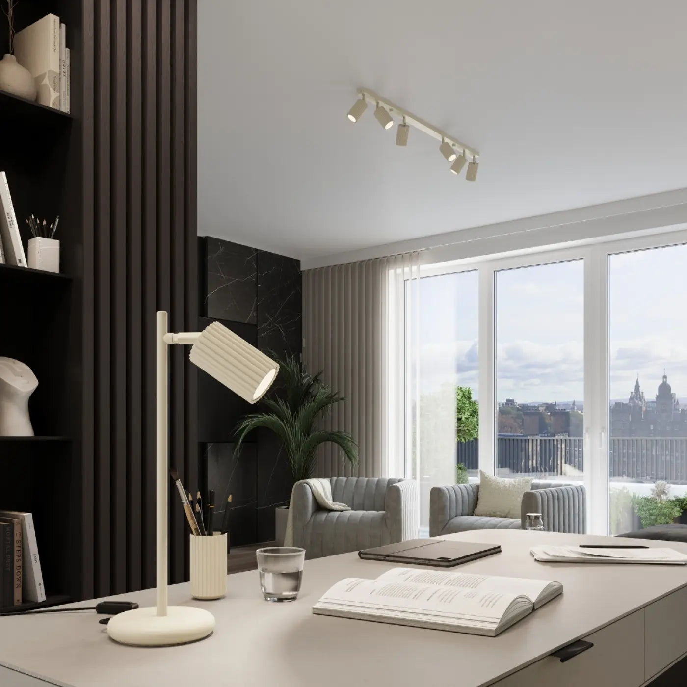 Tischleuchte Japandi – Beige & Aluminium