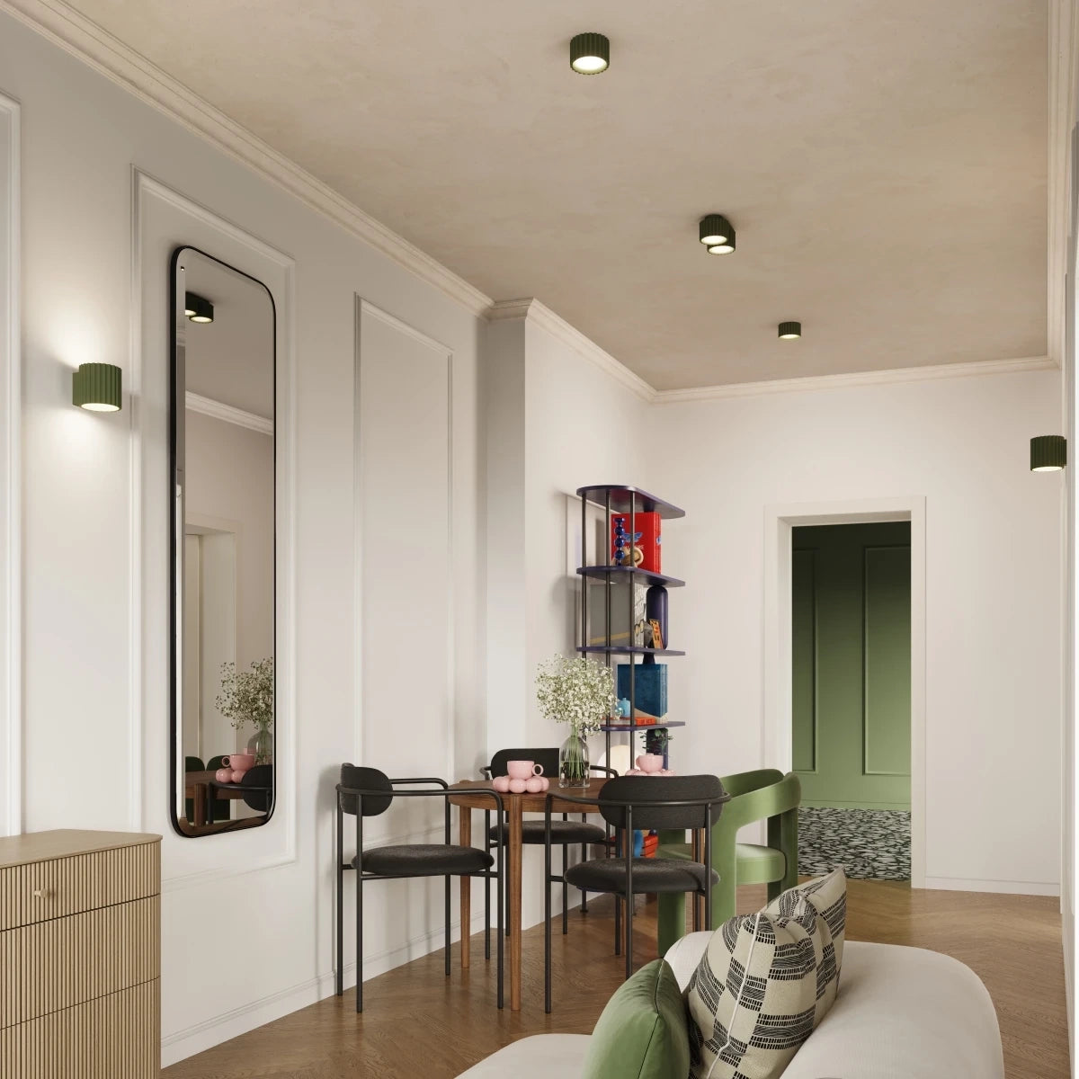 Deckenstrahler Japandi Double-XS – Grün Olive & Aluminium