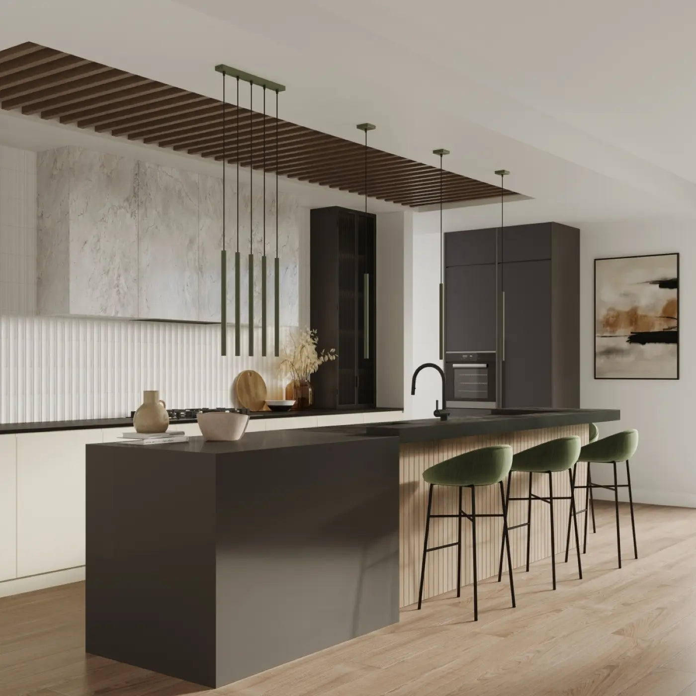 Pendelleuchte Matita 2P – Olivgrün & Stahl