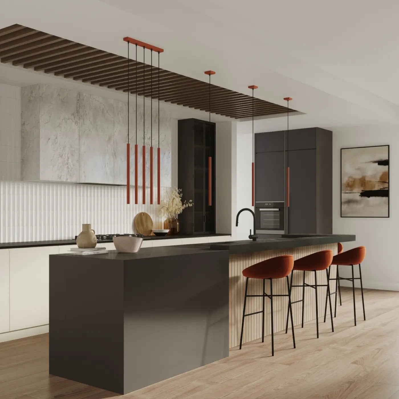 Pendelleuchte Matita 2P – Rot & Stahl