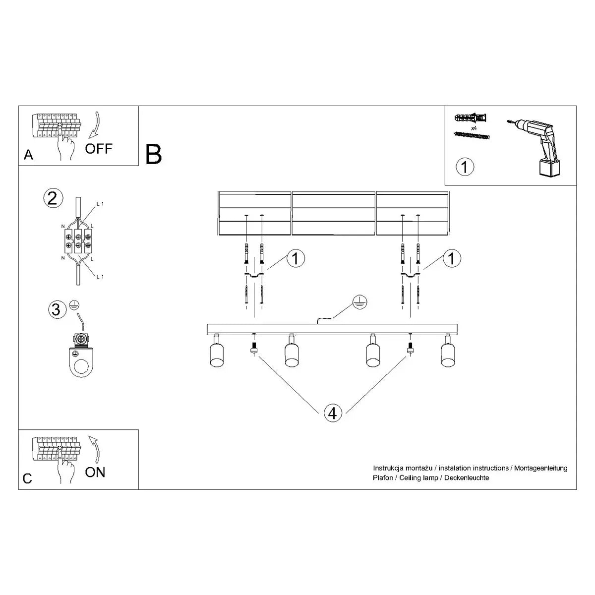 Plafondlamp Tube 4 – Zwart & Koper & Staal