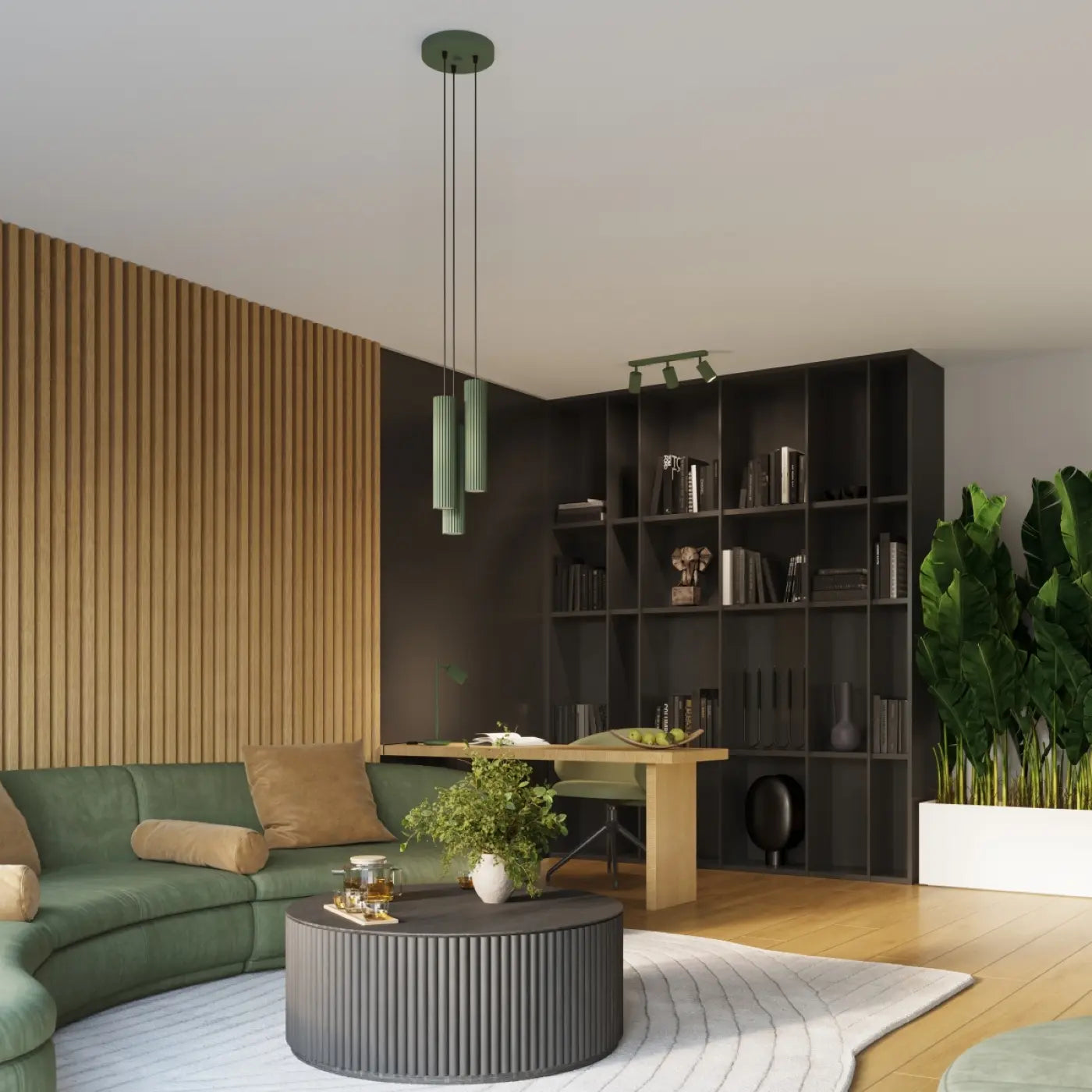 Pendelleuchte Japandi 3P – Olive Grün & Aluminium