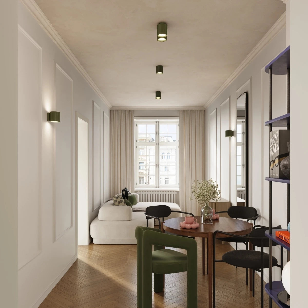Deckenstrahler Japandi Double – Grün Olive & Aluminium