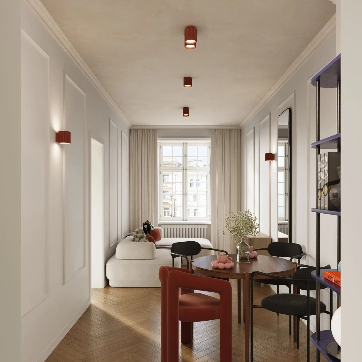 Deckenstrahler Japandi Double – Oxid Rot & Aluminium