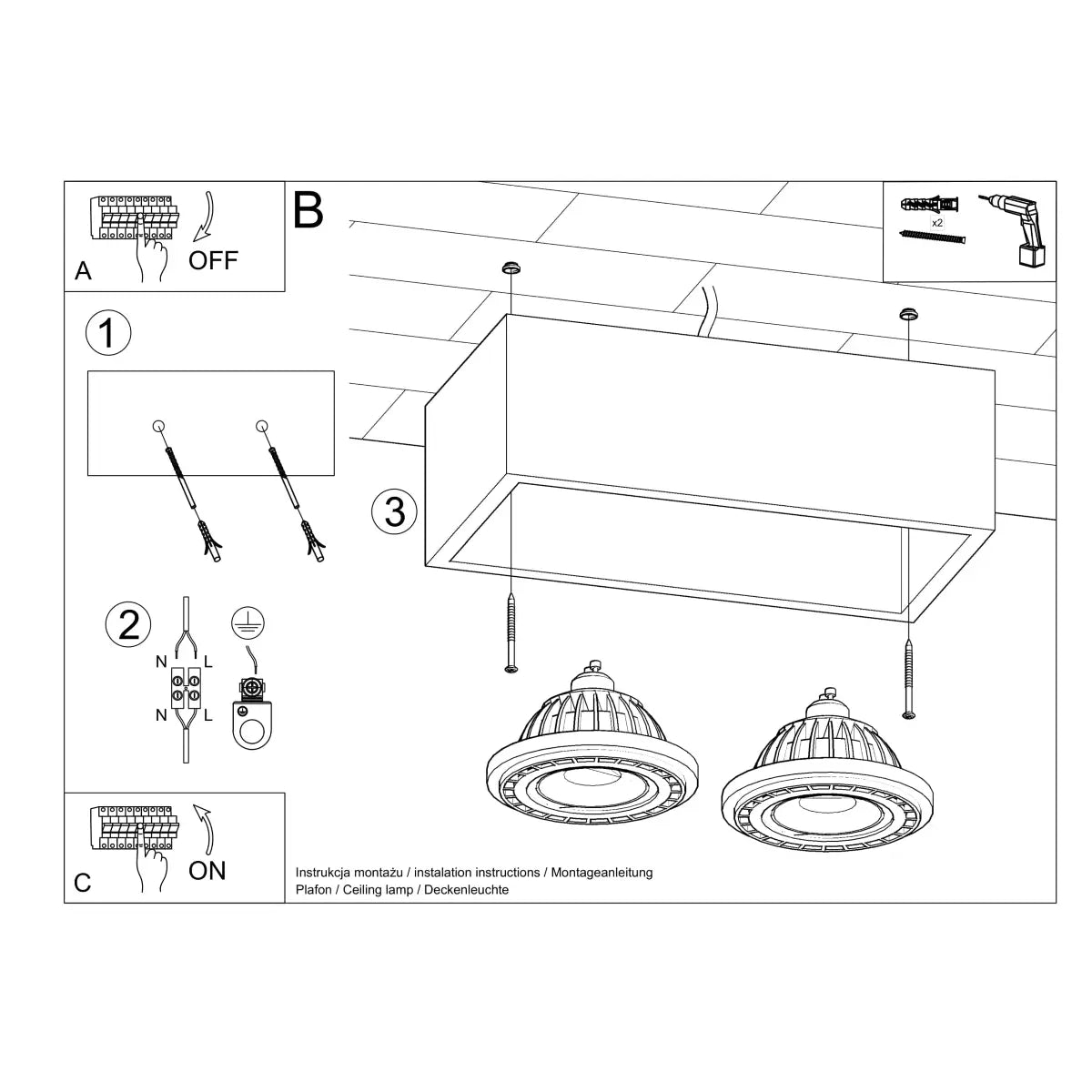 Plafondlamp Square 3 Double – Grijs & Beton