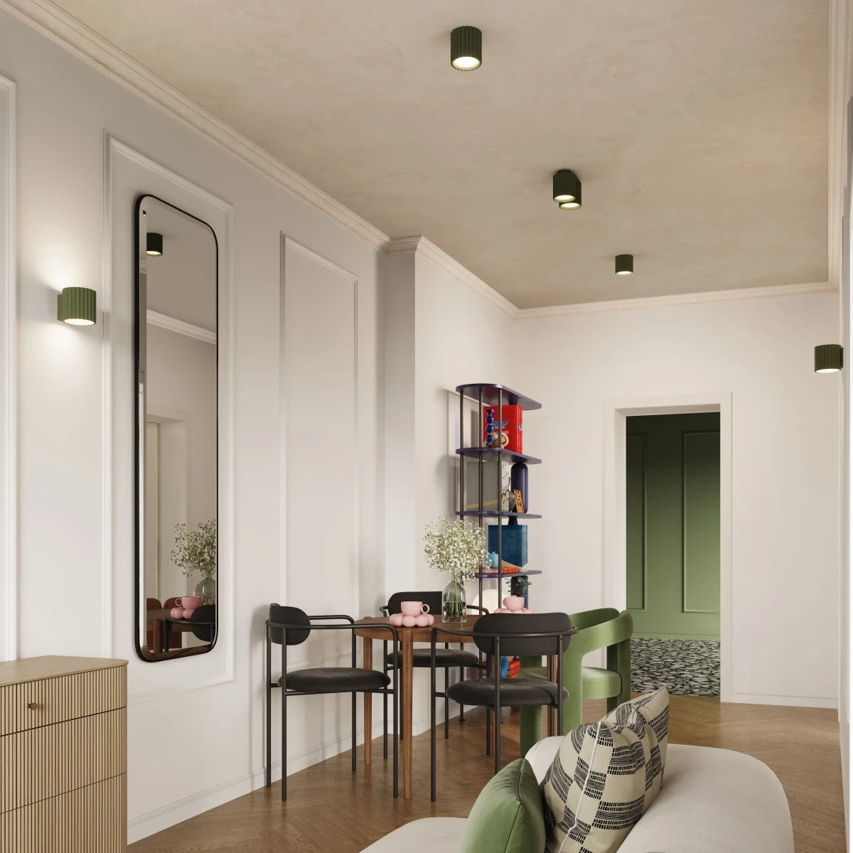 Deckenstrahler Japandi Double – Grün Olive & Aluminium